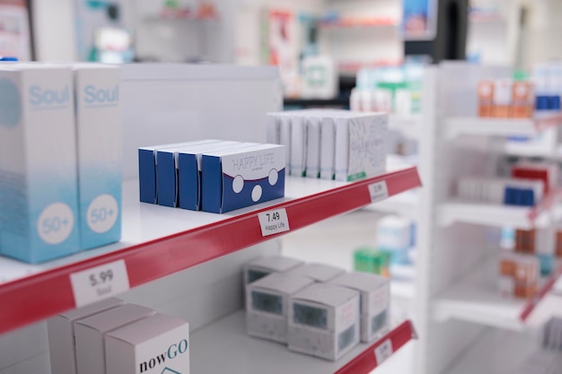 Selective focus of drugs packages standing on shelves in empty pharmacy store, prepared for customers to buy. Drugstore space filled with pharmaceutical products and supplement boxes