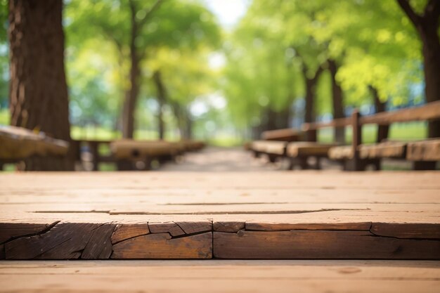 Photo selective focus of empty old wood on blur nature blur park with bokeh background