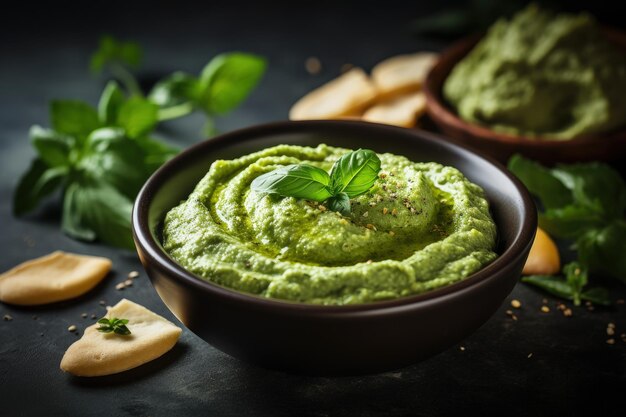 Selective focus enhances the toning of basil pesto hummus on dark wood