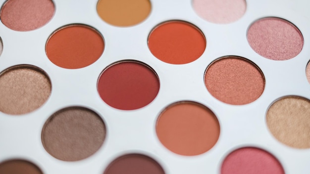 Photo selective focus of eyeshadow palette with various colors in pearly and matte closeup