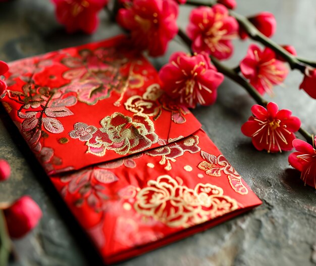Фото Избирательное сосредоточение праздничное изображение с традиционным красным конвертом символ богатства и счастья и глубокой розовой ветви сакуры китайская концепция нового года разфокусированное изображение для размещения текста китайский конверт