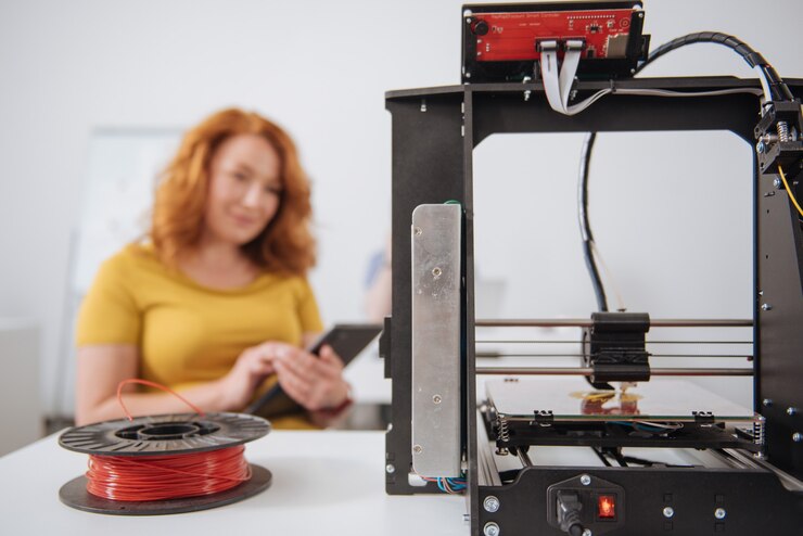 Photo selective focus of a filament lying near the 3d printer while being ready for usage