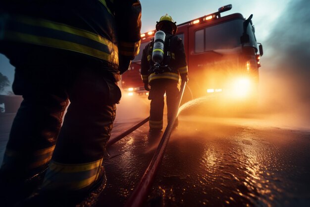 Selective focus Firemen fighting a burning fire with flames Created with Generati