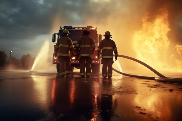 Selective focus Firemen fighting a burning fire with flames Created with Generati