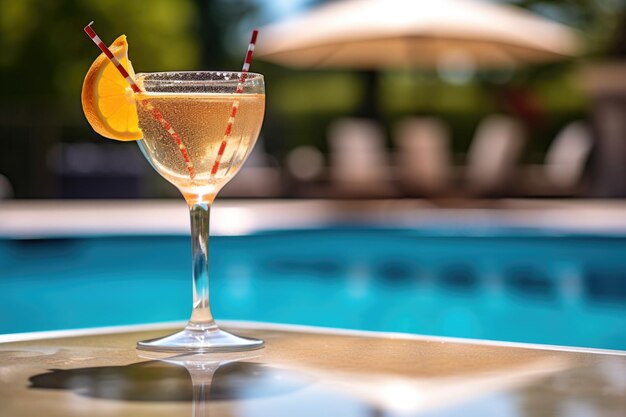 Selective focus on french cocktail with blurred pool background created with generative ai