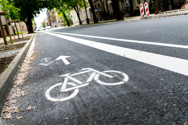 Selective focus of a freshly paint bicycle lane on the side of a street