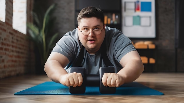 Selective focus funny overweight man wearing eyeglasses is workout with abs handroller for healthy