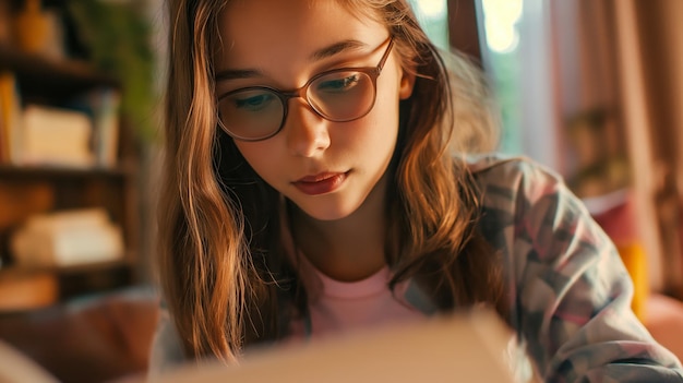 Photo selective focus of girl in eyeglasses using digital tablet at home