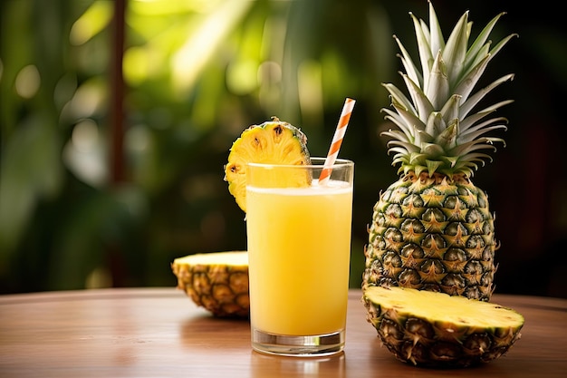 Selective focus on a glass of pineapple juice with a straw a piece of pineapple and another pineappl