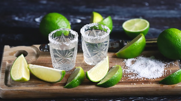 Selective focus Glasses of tequila with salt and lime White tequila