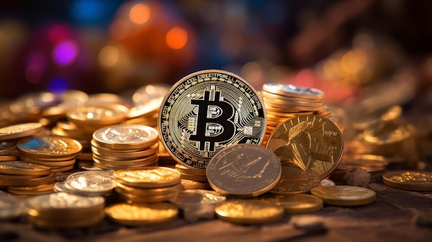 Selective focus of golden bitcoins with a pile of gold coins investing in cryptocurrency