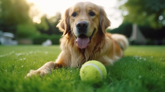 Selective focus of golden retriever dog playing with rubber ball on green lawn