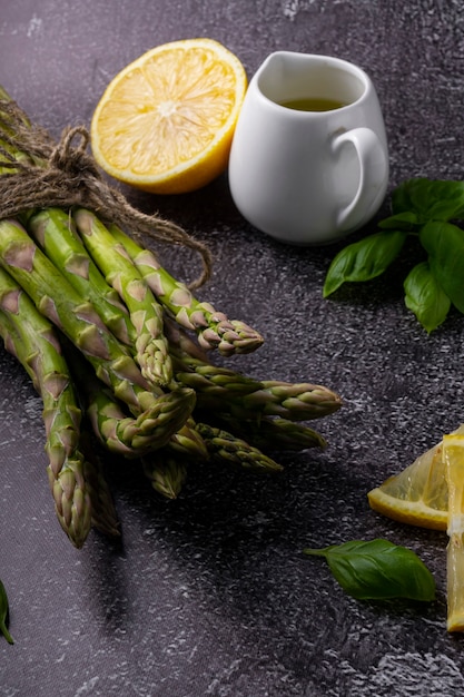 Selective focus, green asparagus pods