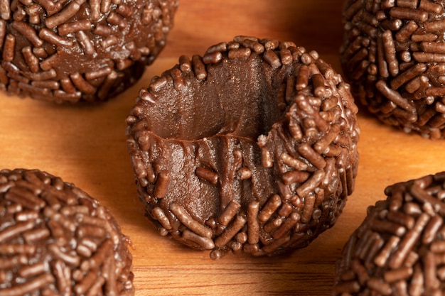 A selective focus on a half of Brigadeiro (brigadier).