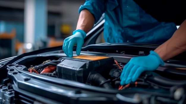 Selective focus hands in gloves of expert technicain electric car EV car while opened A used Lithiumion car battery before its repair Generative AI