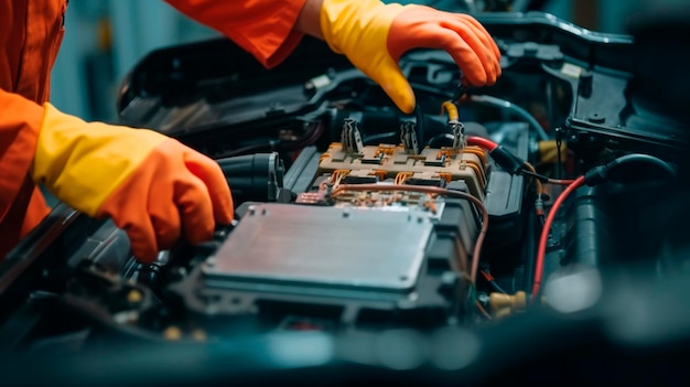 Selective focus hands in gloves of expert technicain electric car EV car while opened A used Lithiumion car battery before its repair Generative AI