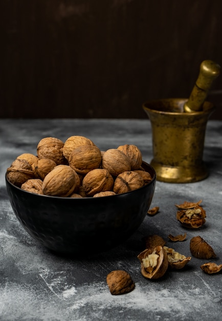 selective focus, harvested walnut in shell