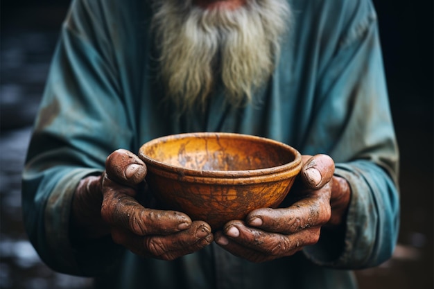 Photo selective focus on impoverished old mans hands clutching an empty bowl