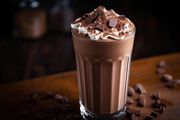 Selective focus is used to create a closeup horizontal image of a chocolate milkshake