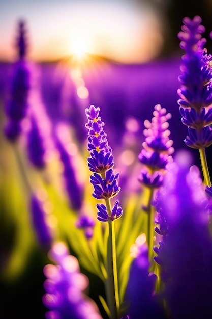 Selective focus on lavender flower in flower garden lavender flowers lit by sunlight digital art