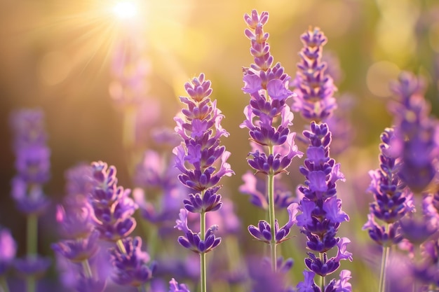 Selective focus on lavender flower in flower garden lavender flowers lit by sunlight