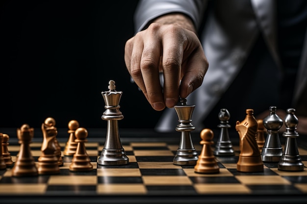 Selective focus Mans hand in chess play metaphorically guiding strategic business decisions