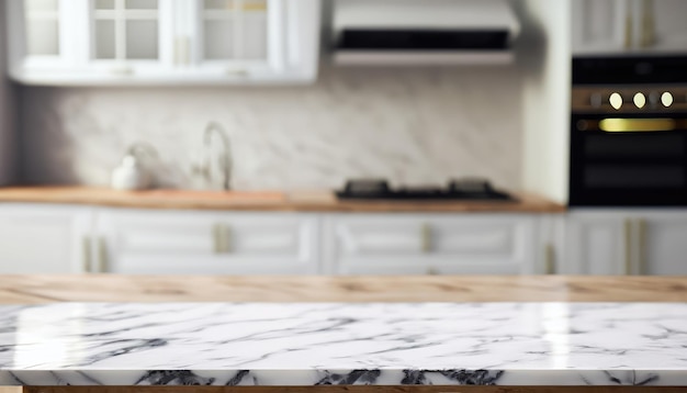 Selective focus The marble table top on the blurred white kitchen room background