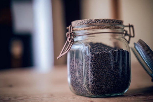 Selective focus on old kitchen table with black quinoa seeds in glass jar