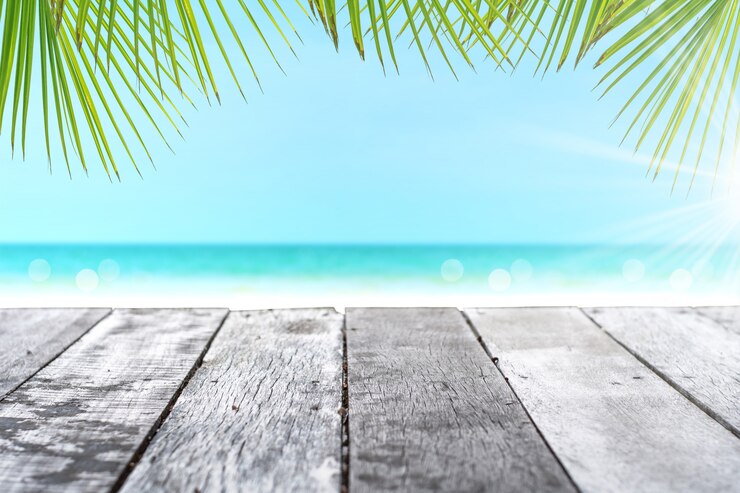 Selective focus of old wood table with beautiful beach