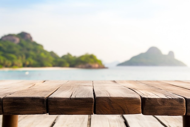 Selective focus of old wooden table with beautiful beach background for display your product