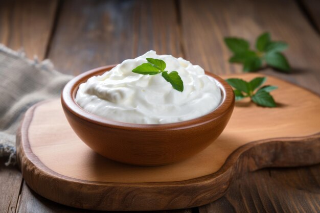 写真 selective focus on wooden bowl of greek yogurt