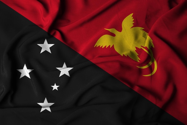 パプア ニューギニアの旗の選択と集中、布のテクスチャを振っています。 3 d イラストレーション