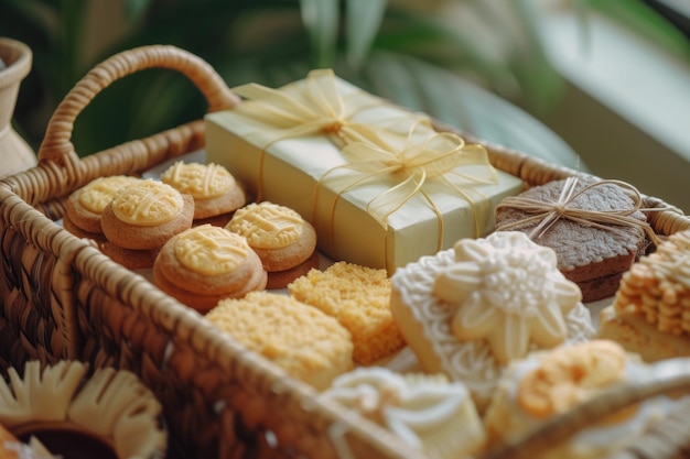 選択的なフォーカス パーセルハンパーズ イード・アル・フィトールのための様々なインドネシアのクッキーへの贈り物