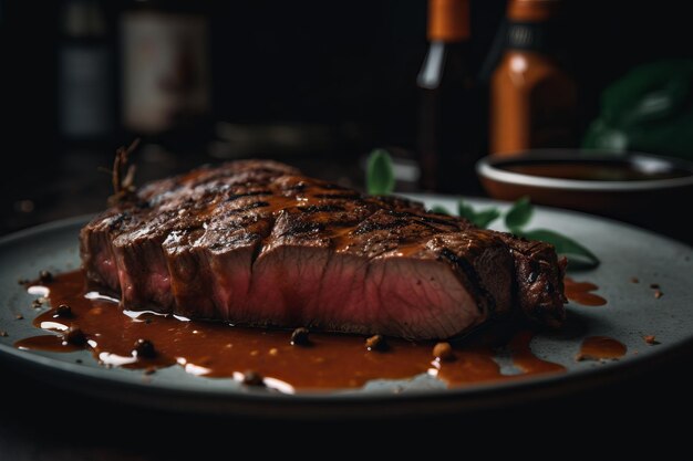 Photo selective focus photography of beef steak with sauce generative ai
