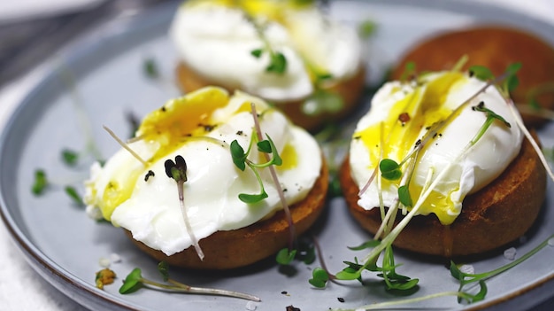 Selective focus. Poached eggs on buns with microgreens on a plate.