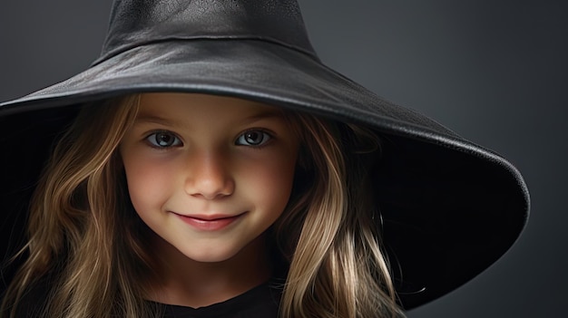 Selective focus portrait of a child wearing a witch s hat copy space available in the studio