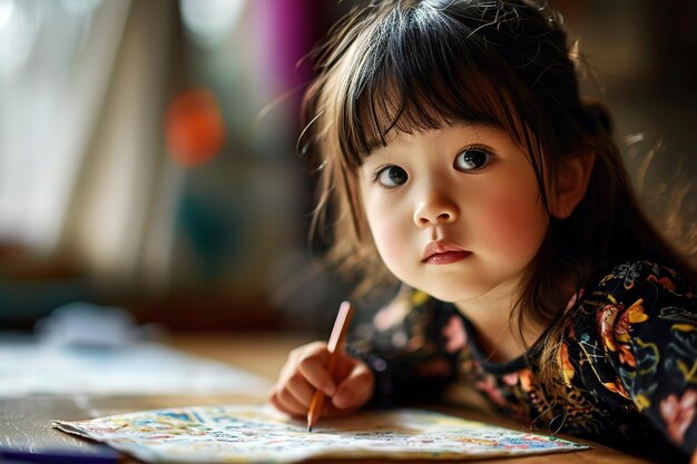 写真 部屋で絵を描いている可愛いアジアの幼稚園の女の子の選択的な焦点の肖像画