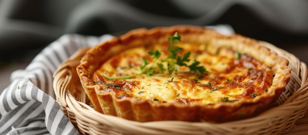 Selective focus on quiche lorraine in rattan basket with striped napkin