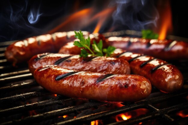 Selective focus of sausage grilling on barbecue