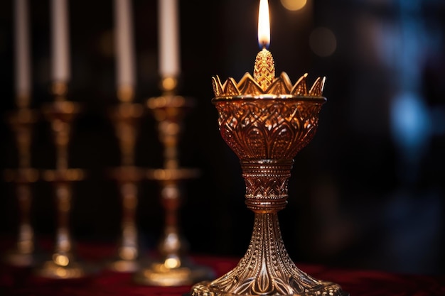 Selective focus on the shamash candle of a lit menorah