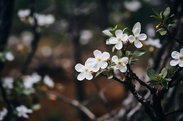 selective focus shot of beautiful and small white flowers on a bush in the middle of a forest