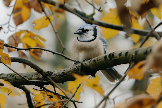 Selective focus shot of a blue jay sitting on the thick branch of a tree