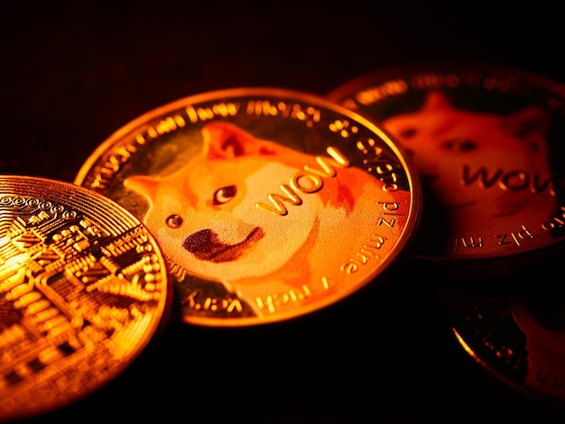 Selective focus shot of a coin with a Shiba Inu dog meme named "Doge" and a "Wow" engraving on it