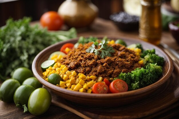 Selective focus shot of delicious ethiopian food with fresh vegetables on a wooden table ar c