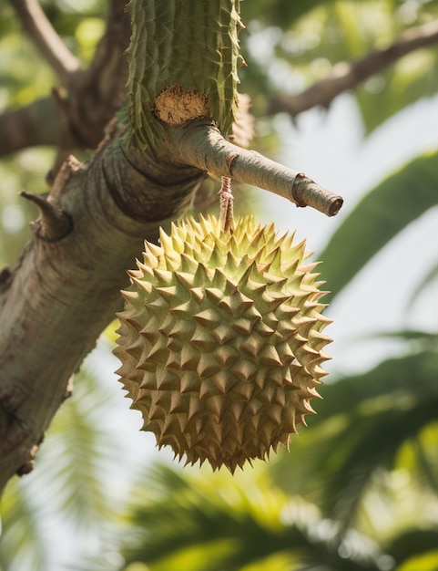 Selective focus shot of durian attached to the branch at daytime