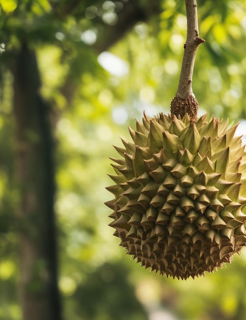 Selective focus shot of durian attached to the branch at daytime