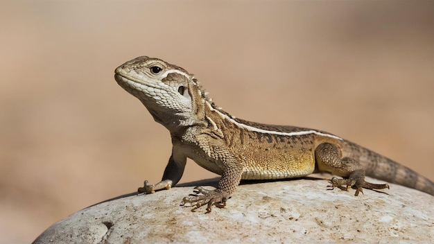 Selective focus shot of a lizard on a stone on a beige background