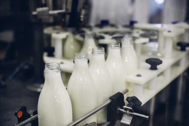 A selective focus shot of milk bottling factory