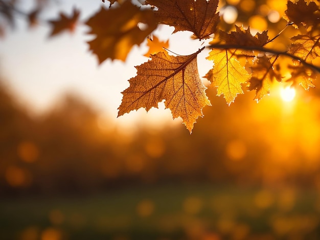 Selective focus shot of an oak leaf illuminated by the golden light of an autumn sunset