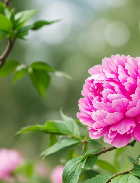 Selective focus shot of Peony flower attached to the branch at daytime